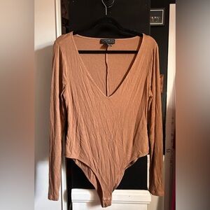Forever 21 Ribbed V-Neck Bodysuit in Brown Tan Plus Curve